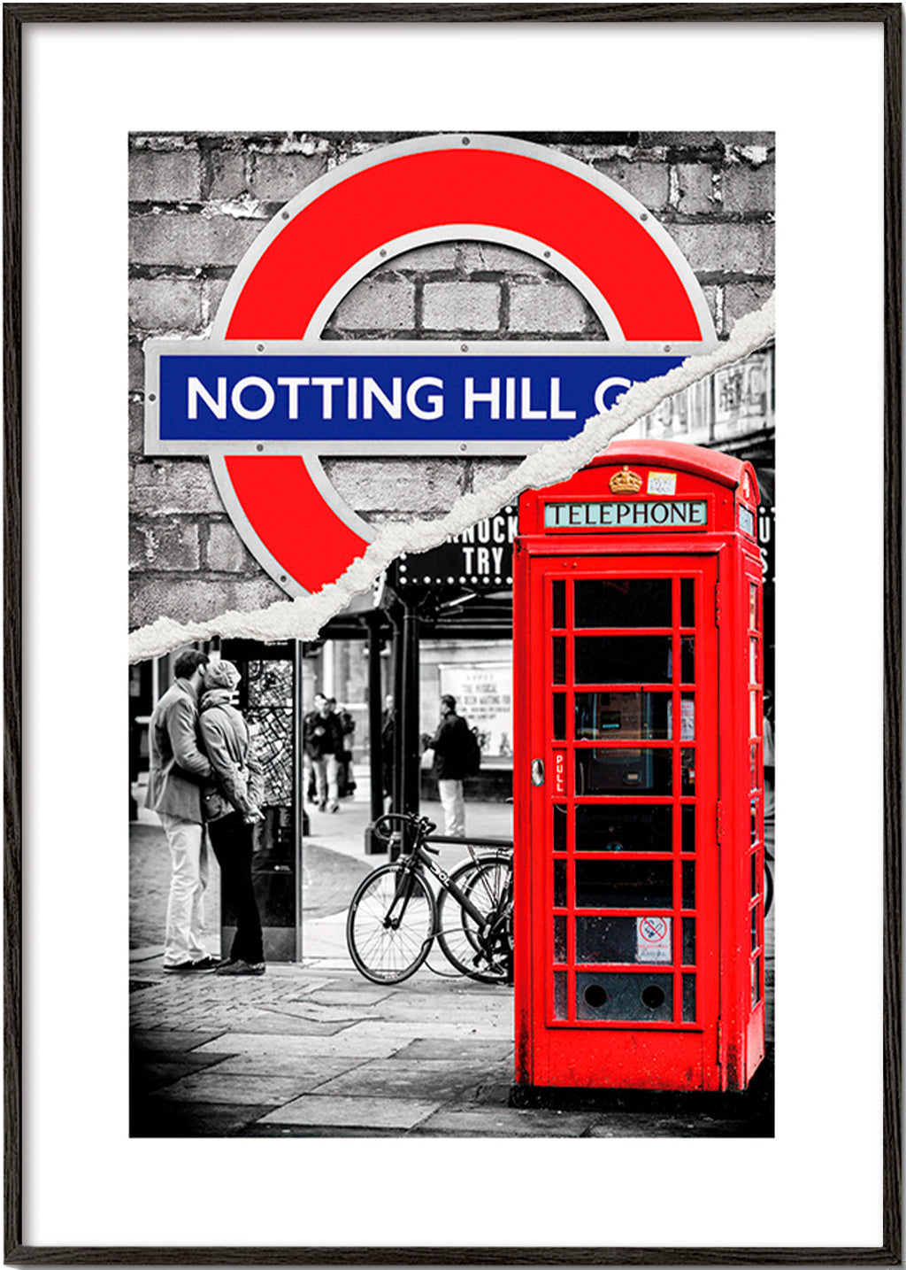 Arte para cidade com cabine telefónica vermelha em Notting Hill – Black Frame