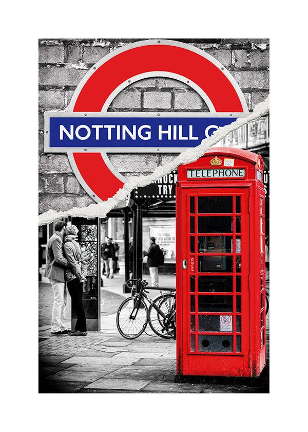 Arte para cidade com cabine telefónica vermelha em Notting Hill