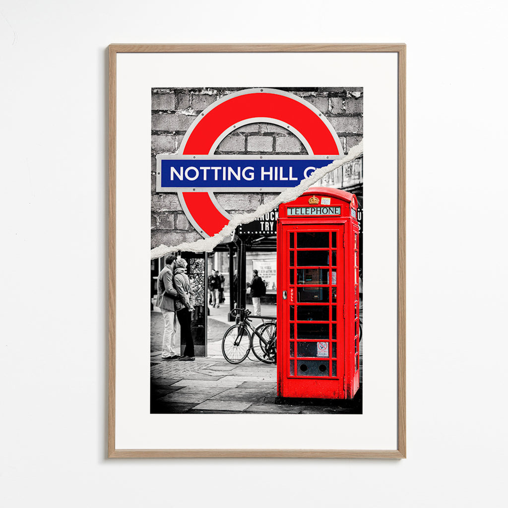 Arte para cidade com cabine telefónica vermelha em Notting Hill – Oak Frame