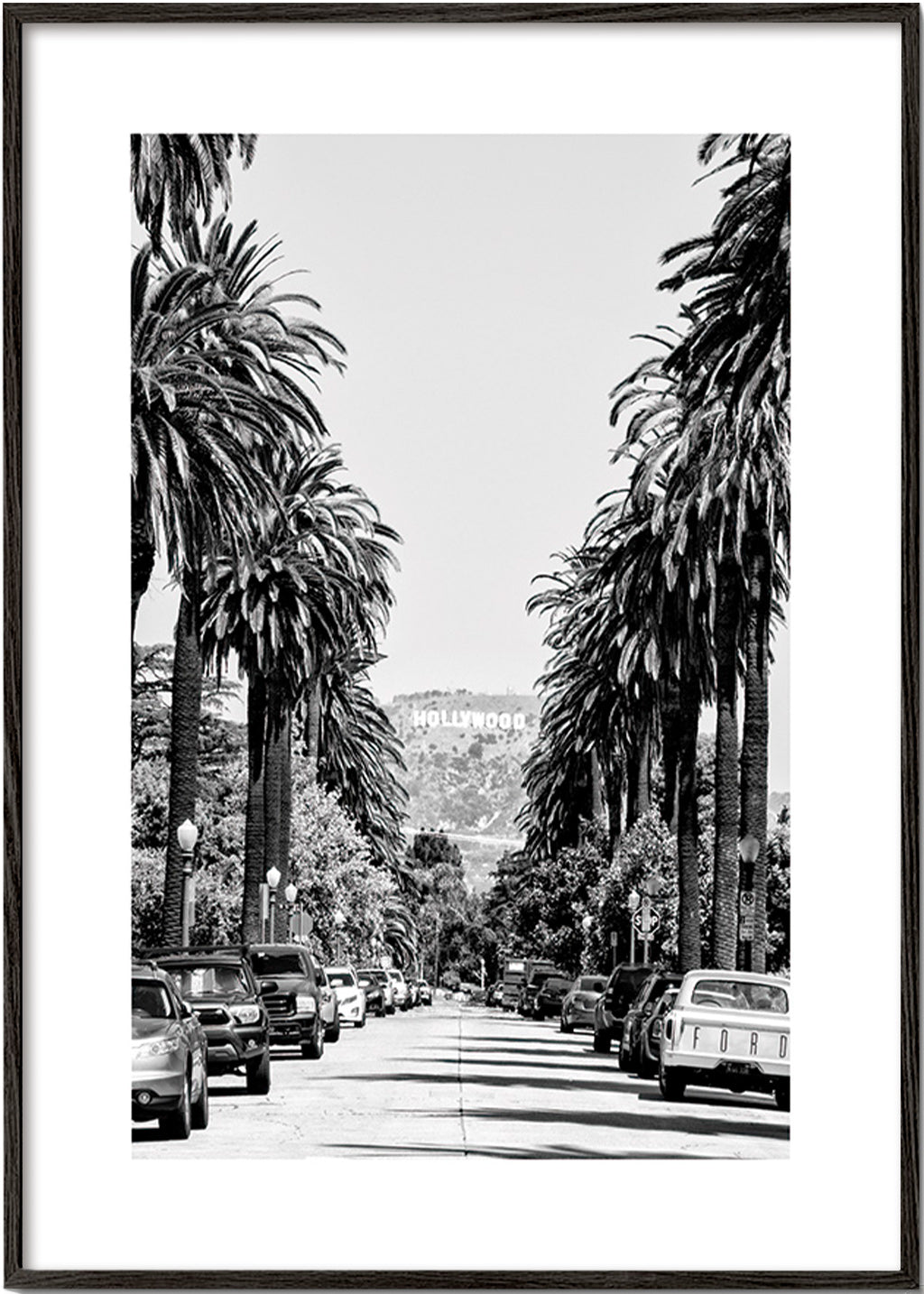 Poster de cidade Hollywood rua de palmeiras em preto e branco – Black Frame