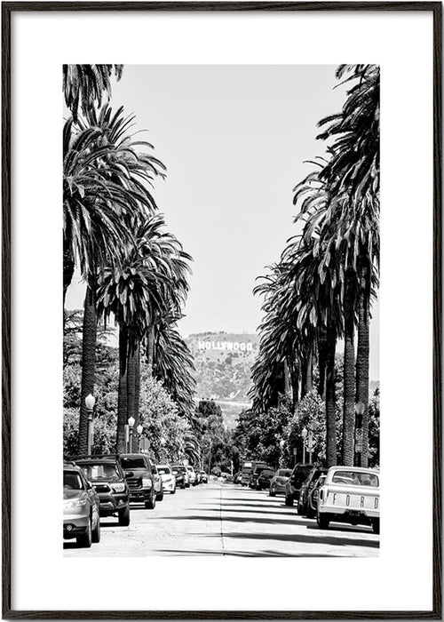 Poster de cidade Hollywood rua de palmeiras em preto e branco – Black Frame