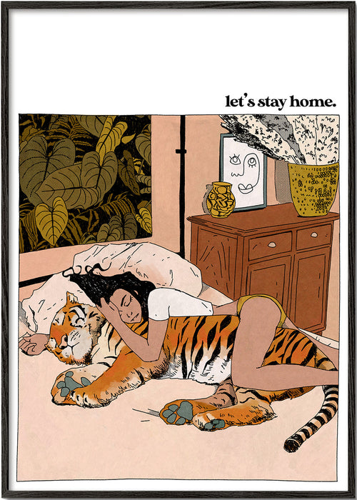 Ilustração: mulher abraçando um tigre em casa