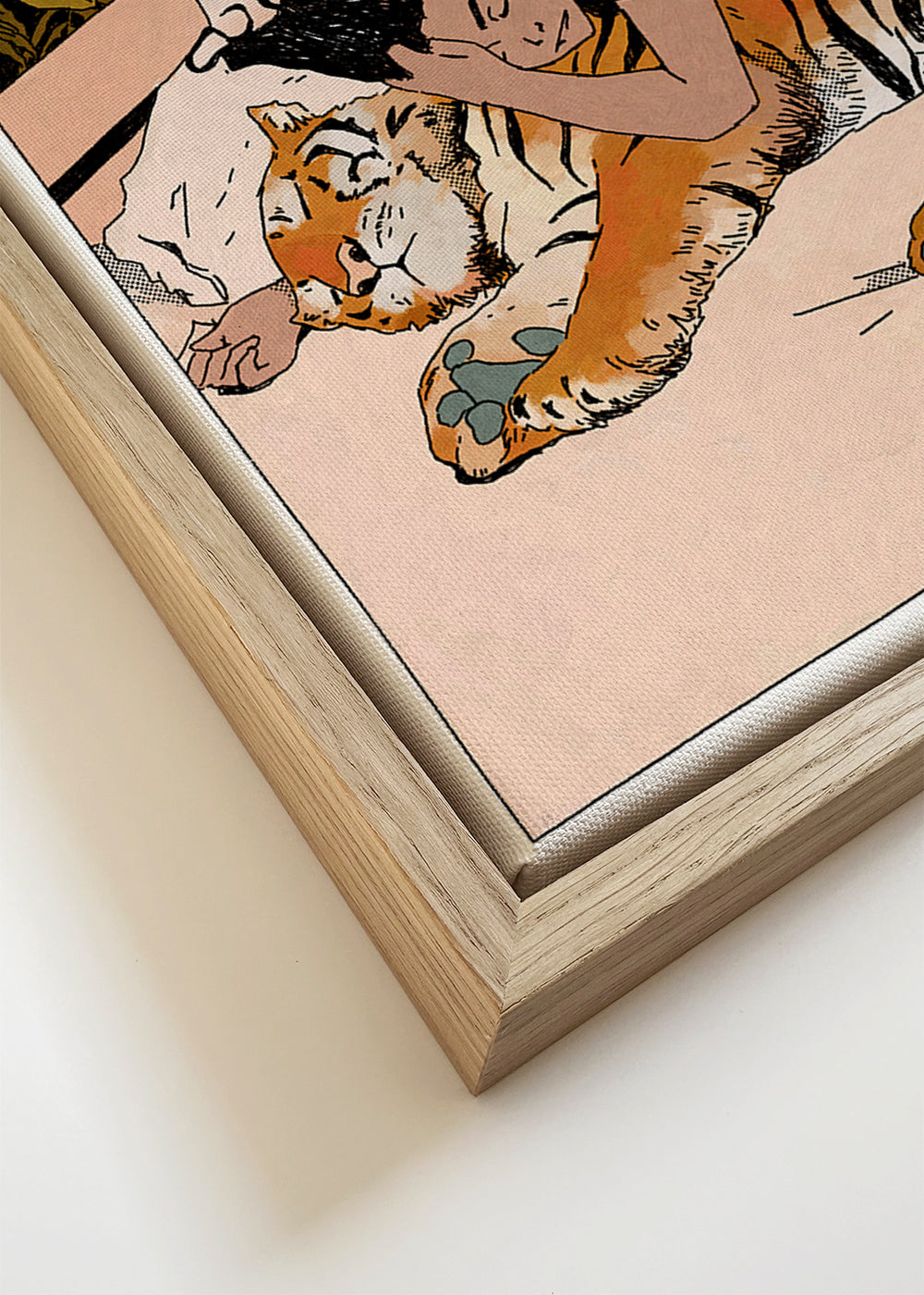 Ilustração: mulher abraçando um tigre em casa