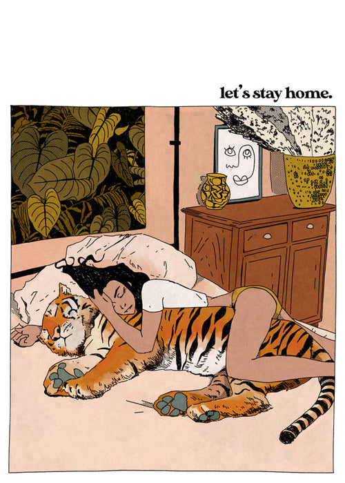 Ilustração: mulher abraçando um tigre em casa