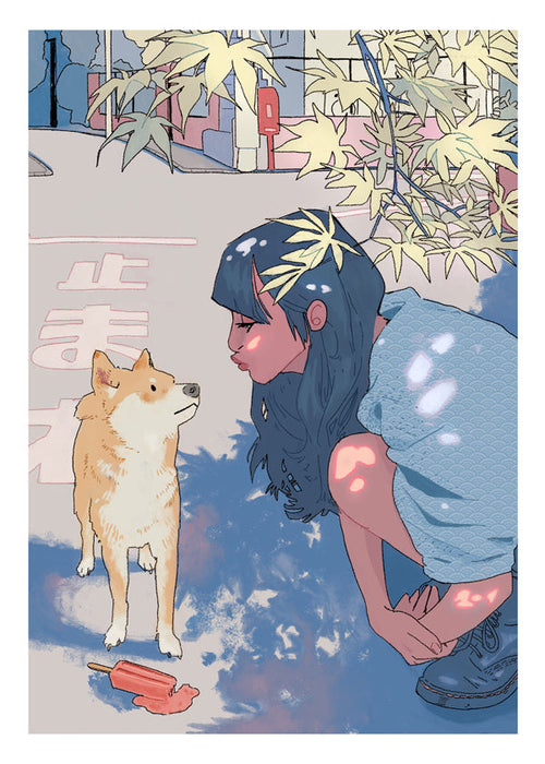 Ilustração menina e shiba