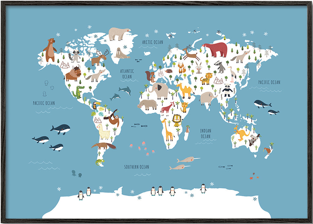 Travel poster: mapa-múndi ilustrado com animais
