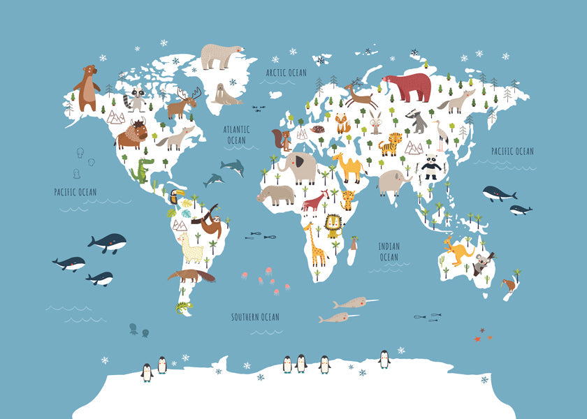 Travel poster: mapa-múndi ilustrado com animais