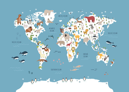 Travel poster: mapa-múndi ilustrado com animais