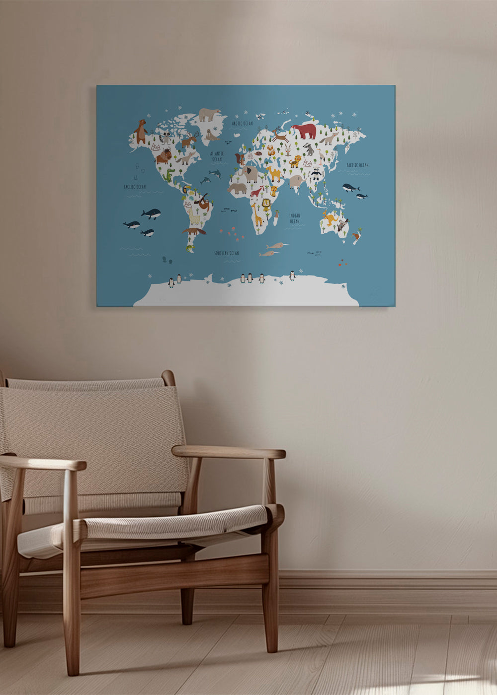 Travel poster: mapa-múndi ilustrado com animais