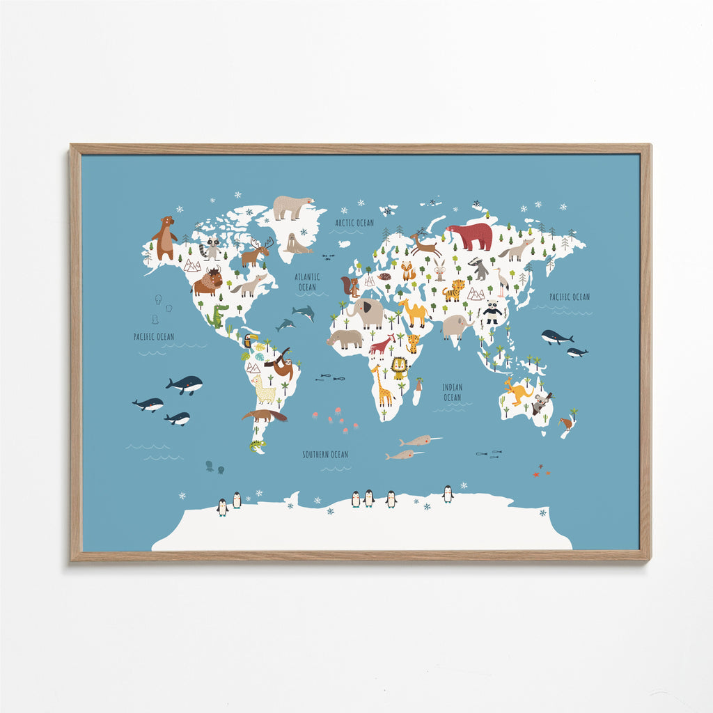 Travel poster: mapa-múndi ilustrado com animais