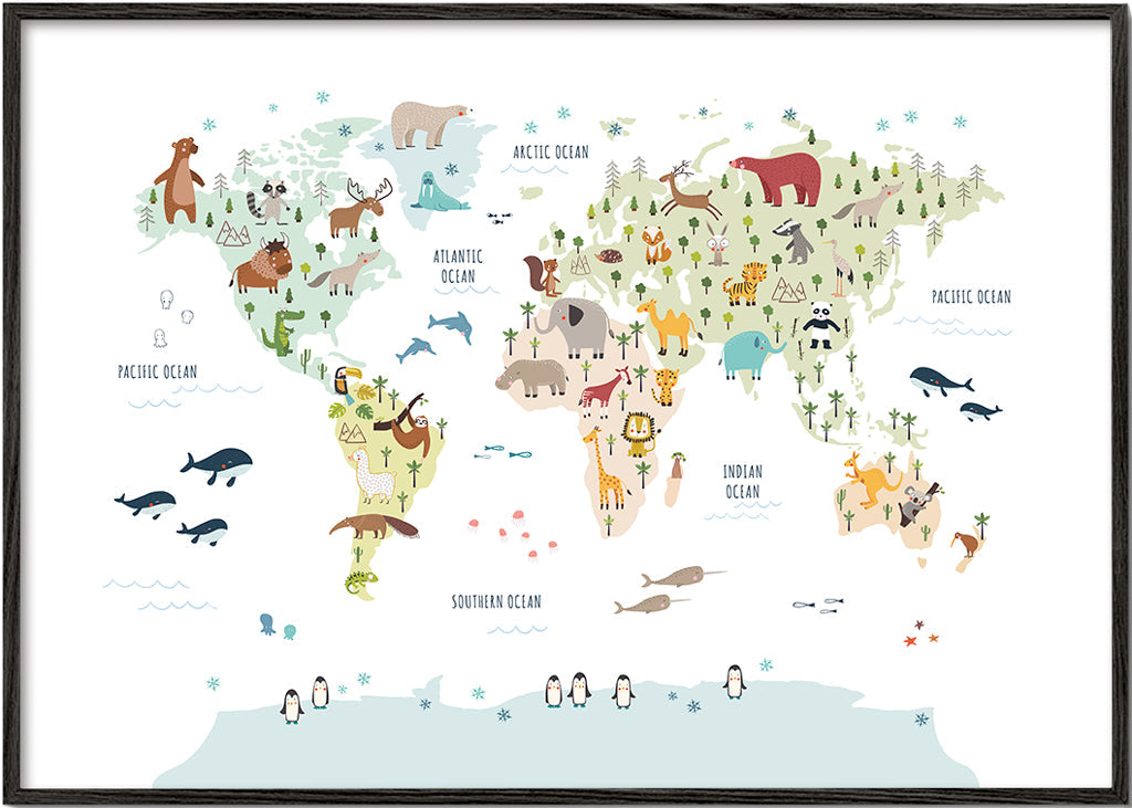 Arte para cozinha: mapa-múndi ilustrado com animais