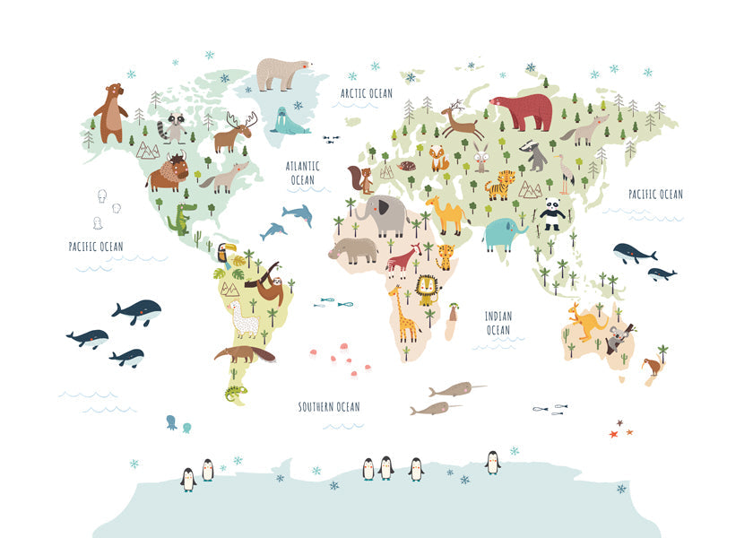 Arte para cozinha: mapa-múndi ilustrado com animais