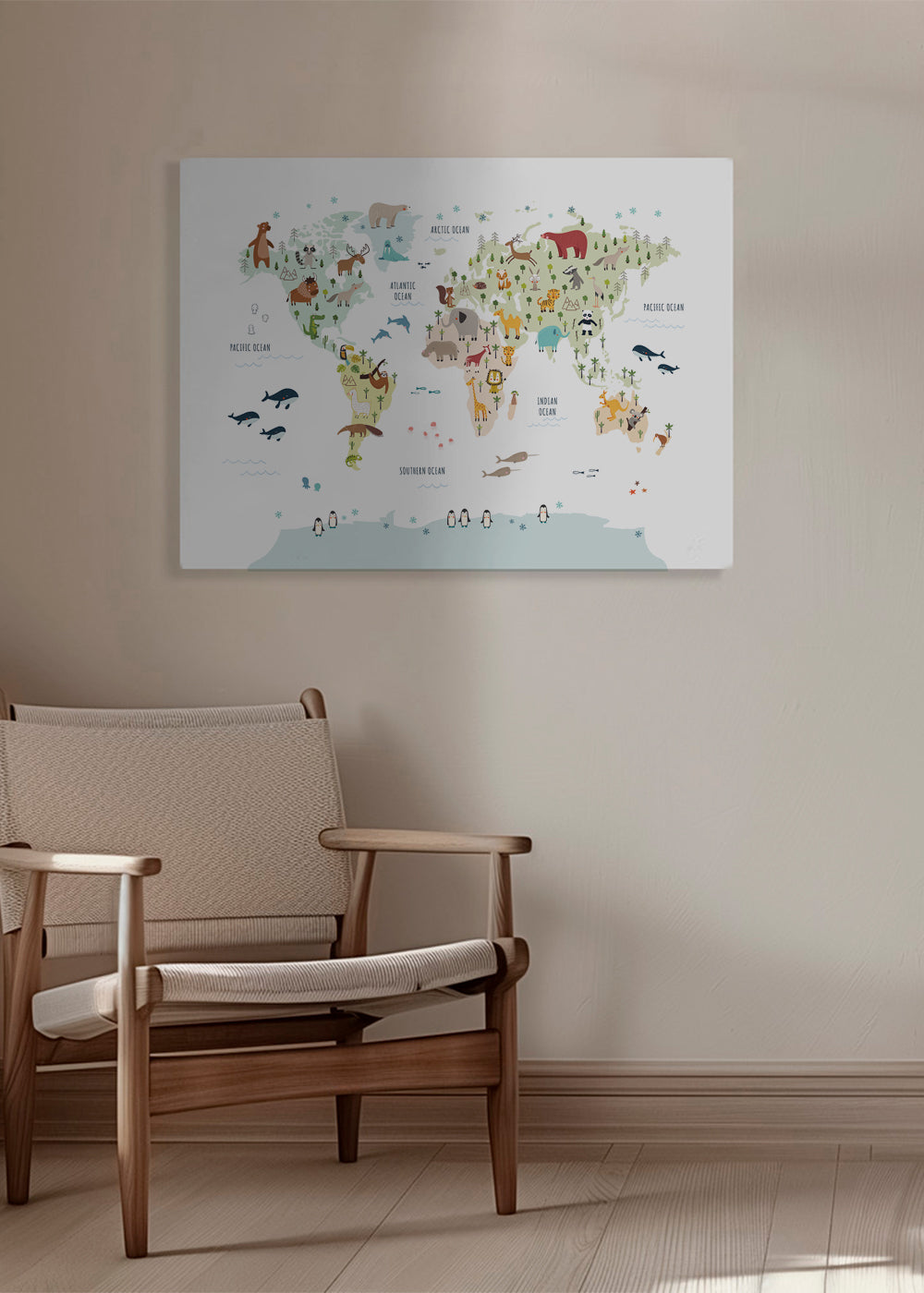 Arte para cozinha: mapa-múndi ilustrado com animais