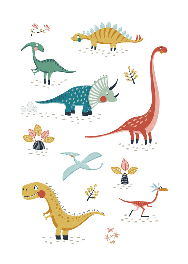 Lámina infantil com dinossauros divertidos