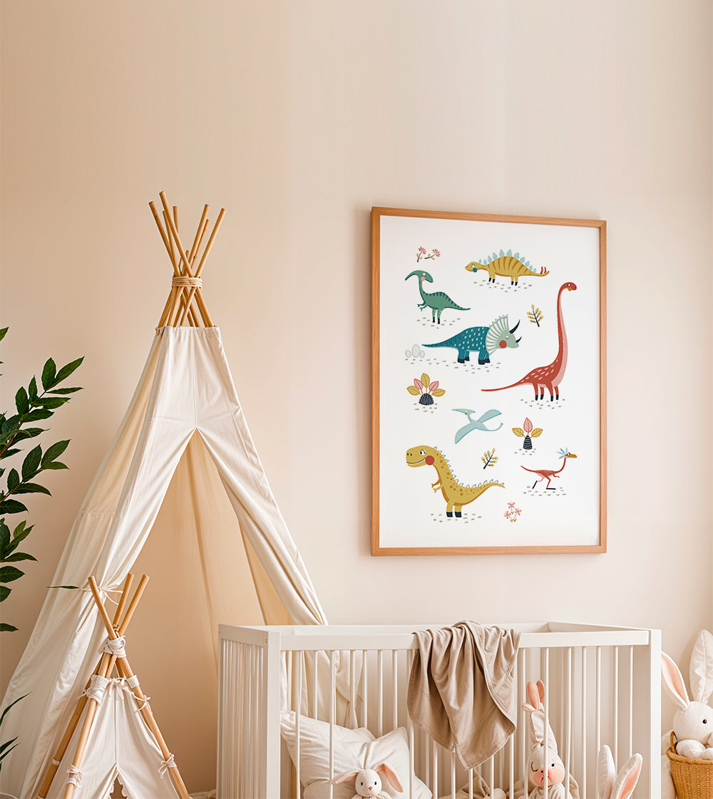 Lámina infantil com dinossauros divertidos
