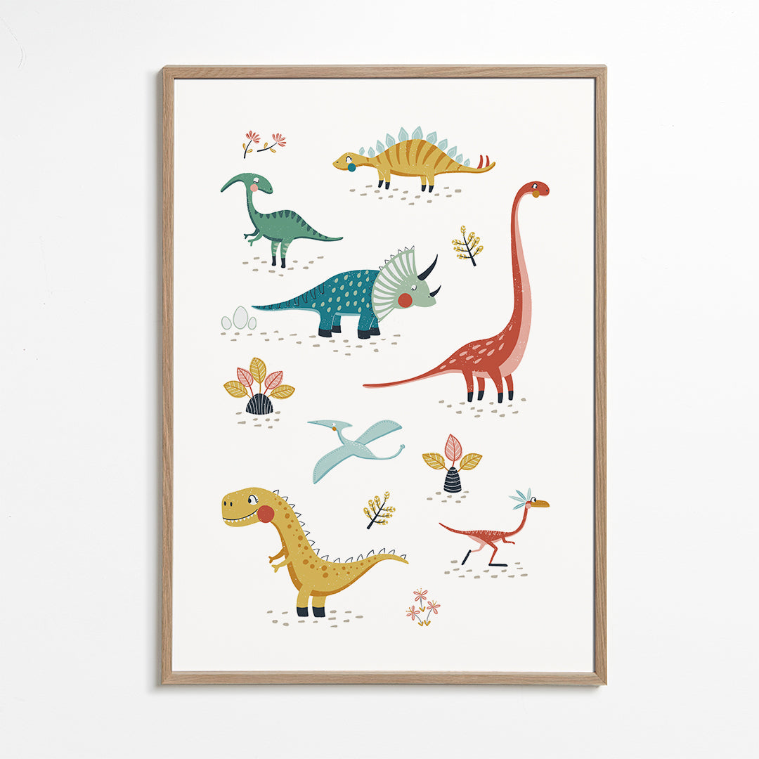 Lámina infantil com dinossauros divertidos