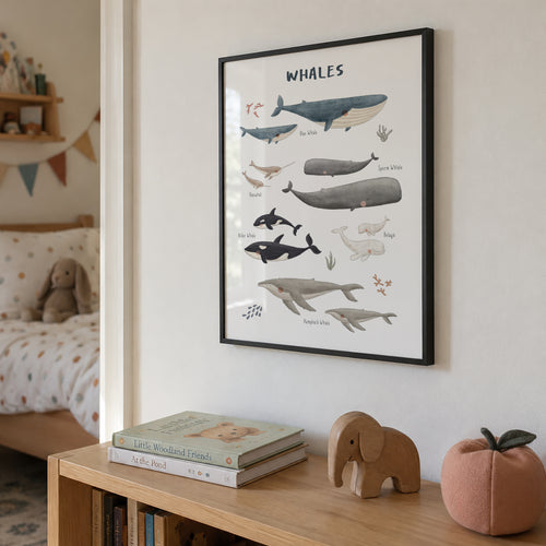 Ballenas fondo blanco (inglés) - Framed poster in an interior