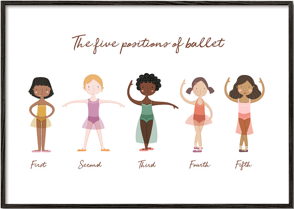 Estampa infantil: cinco posições de ballet ilustração divertida