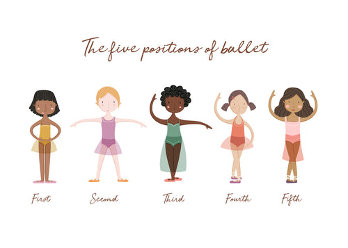 Estampa infantil: cinco posições de ballet ilustração divertida