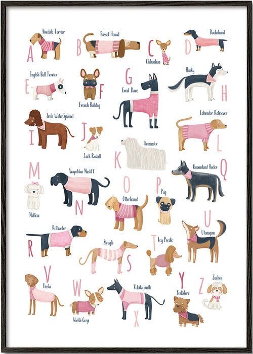 Lâmina infantil: alfabeto de cães em rosa