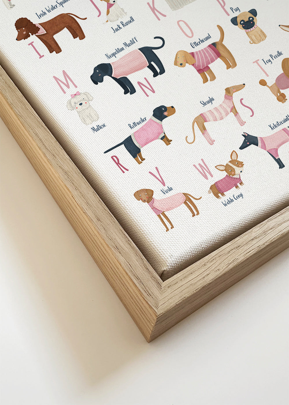 Lâmina infantil: alfabeto de cães em rosa