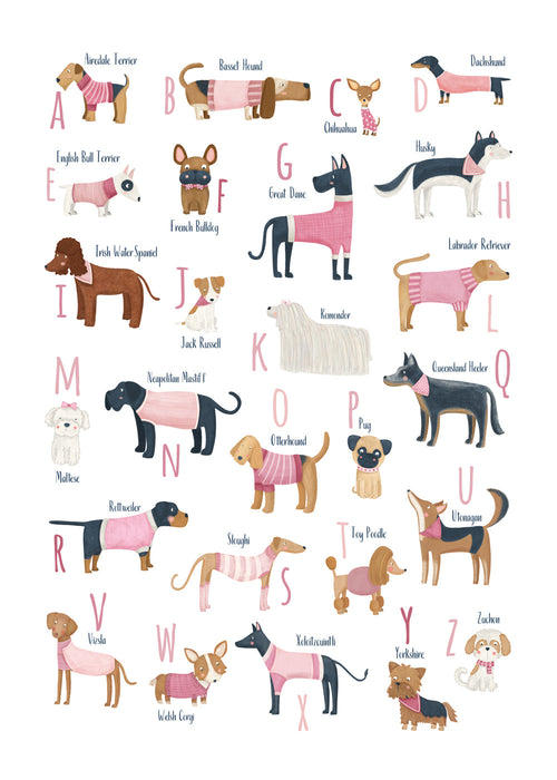Lâmina infantil: alfabeto de cães em rosa