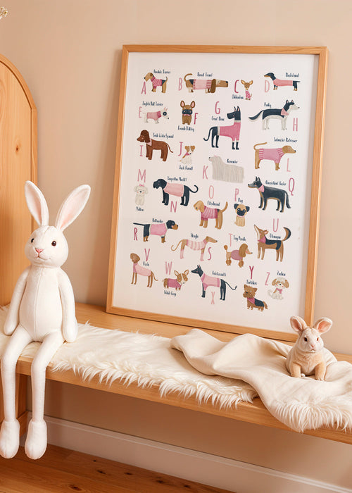 Lâmina infantil: alfabeto de cães em rosa