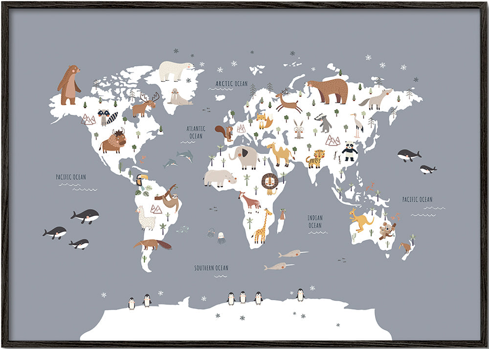 Poster de viagem mapa-múndi com animais azul cobalto