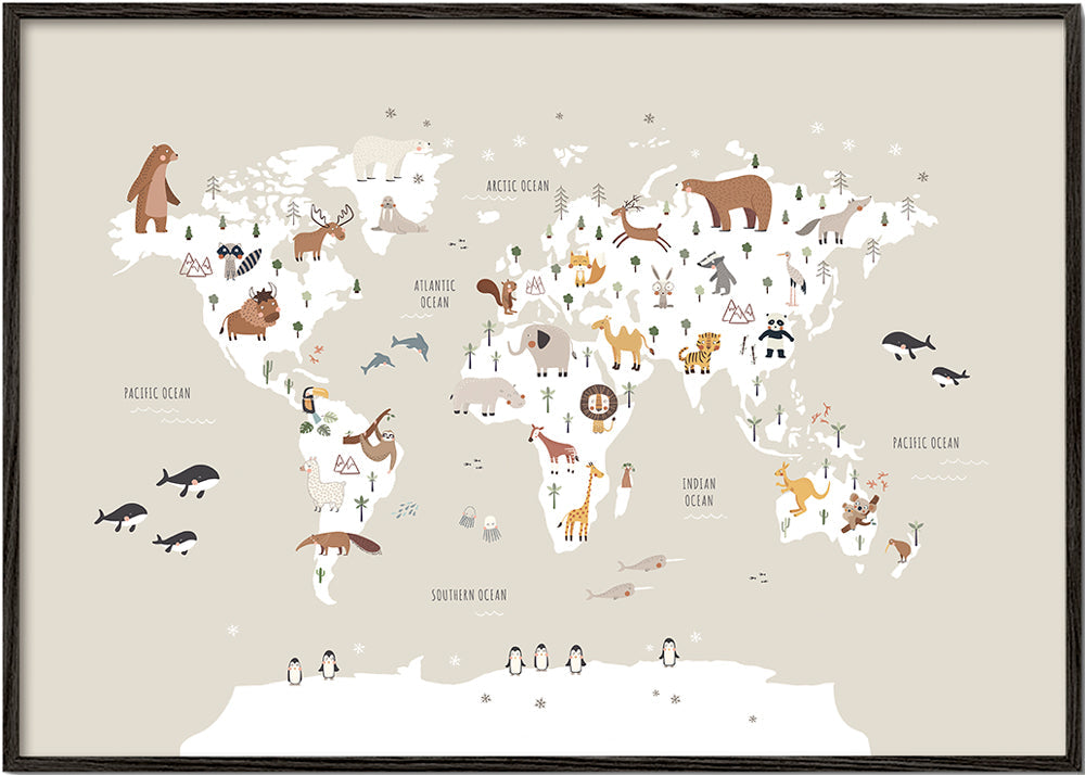 Poster de viagem: mapa de animais em bege