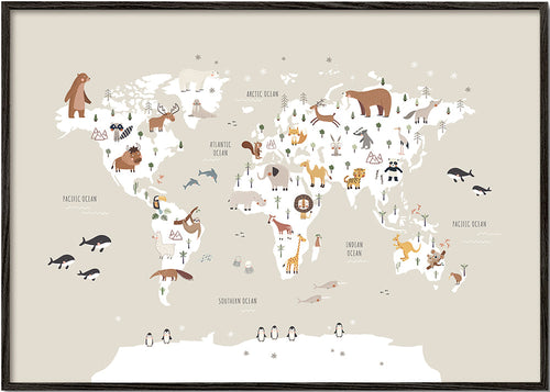 Poster de viagem: mapa de animais em bege