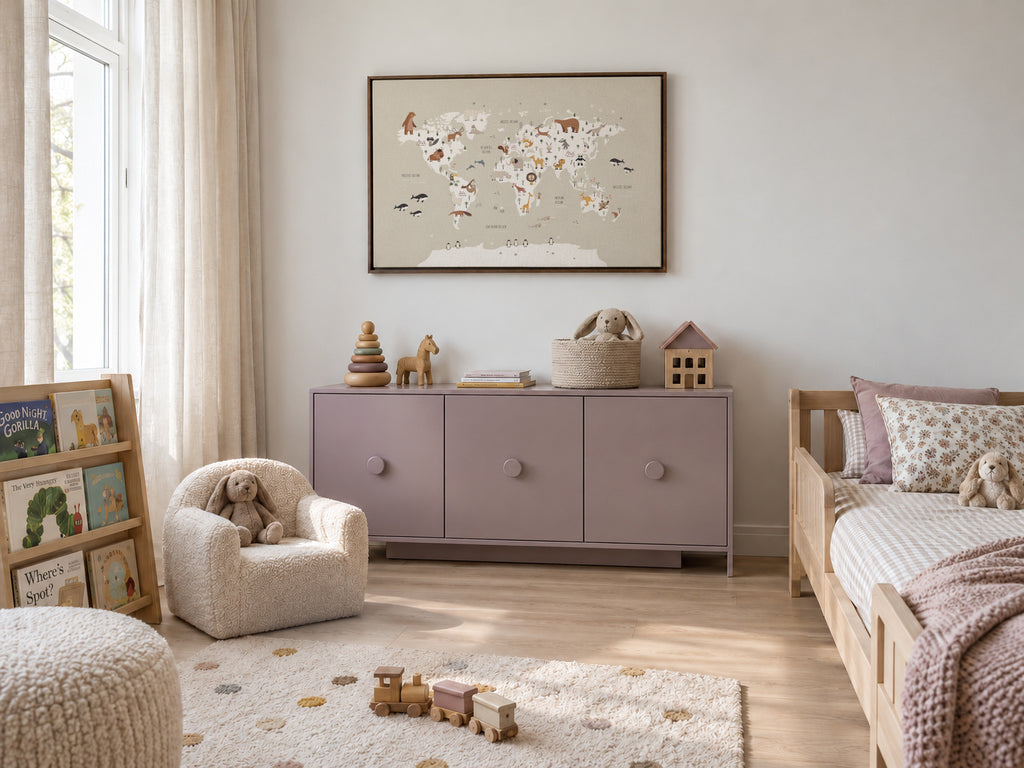 Mapa con animales beige - Framed canvas in an interior