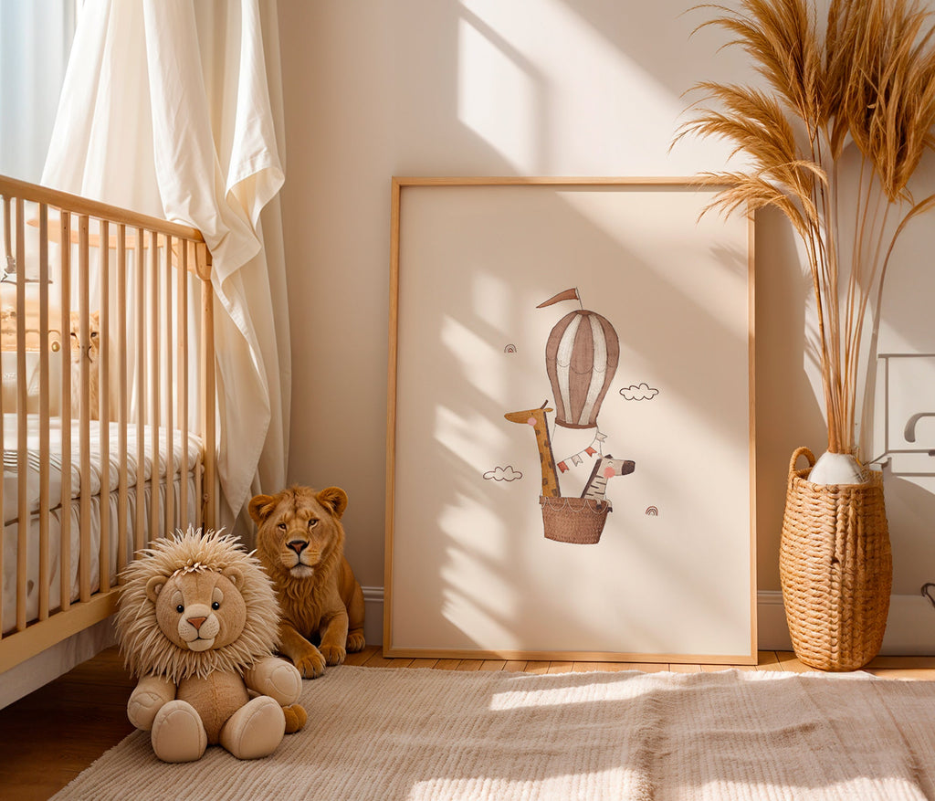 Lâmina infantil: girafa e elefante no balão