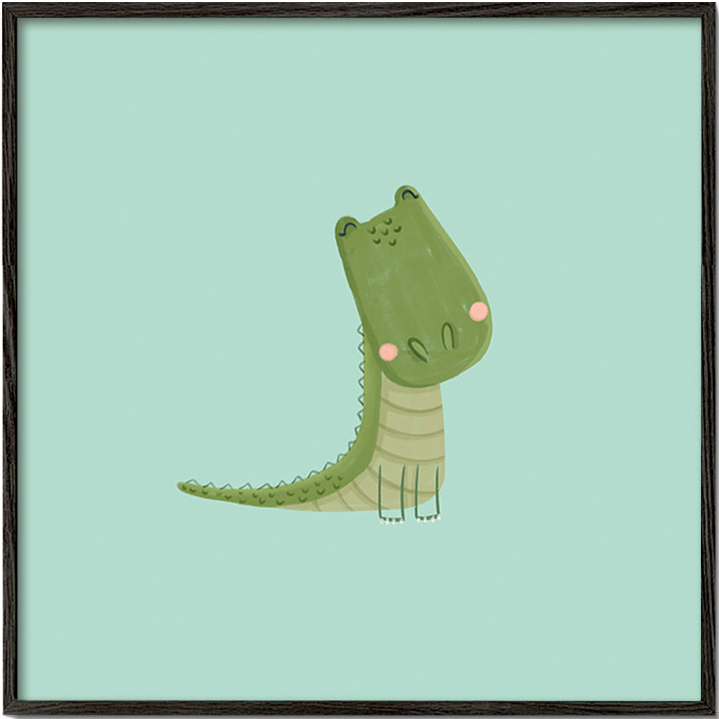 Lámina infantil crocodilo sorridente sobre fundo menta