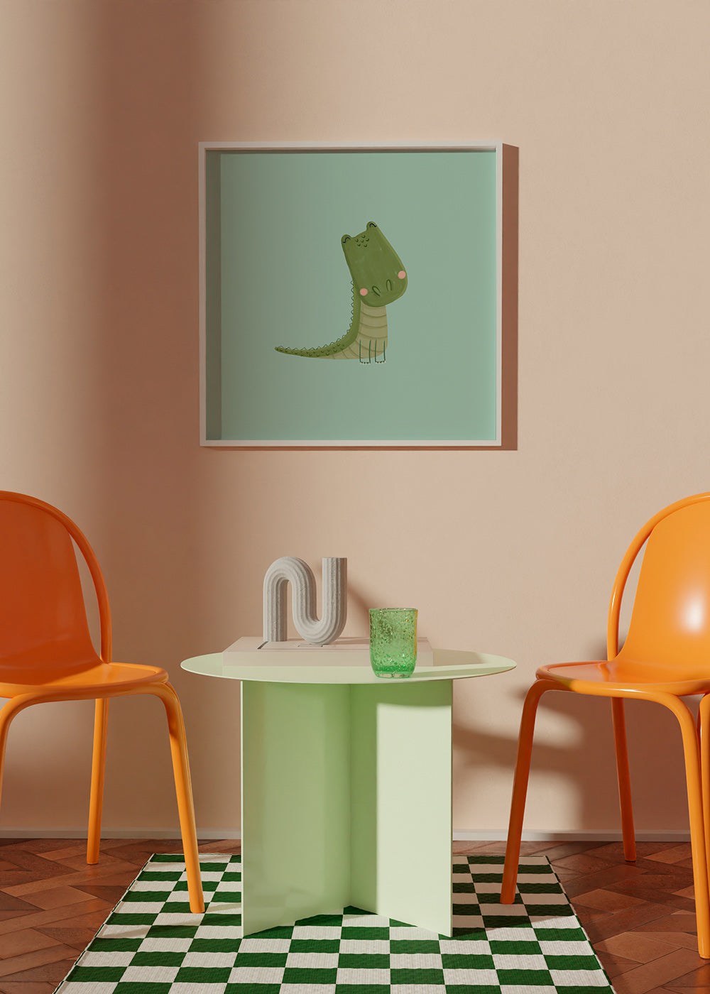 Lámina infantil crocodilo sorridente sobre fundo menta