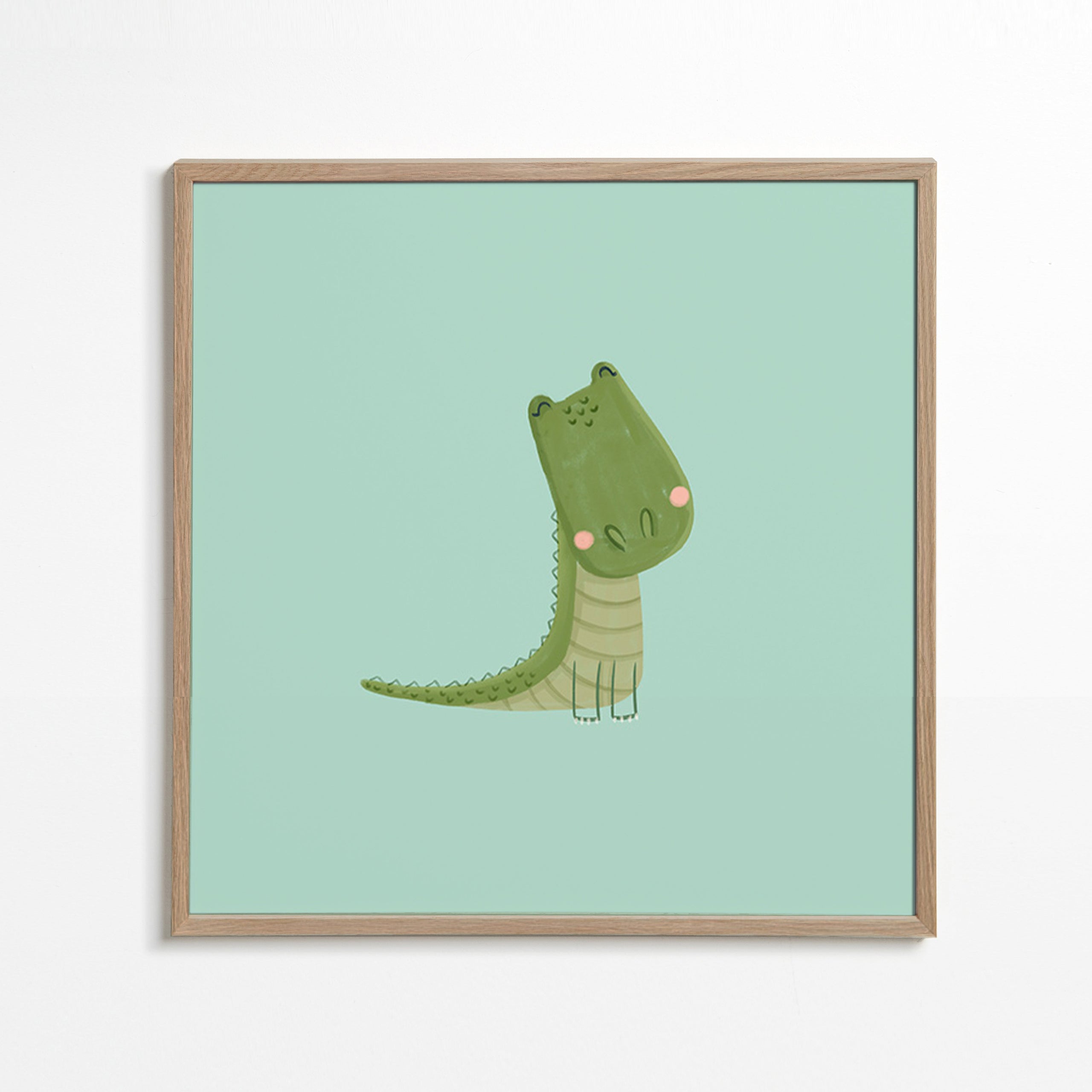 Lámina infantil crocodilo sorridente sobre fundo menta