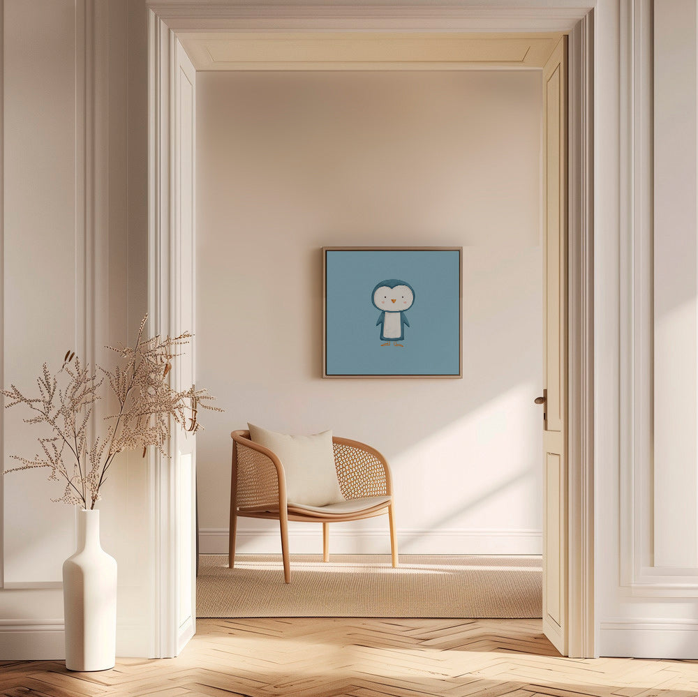 Quadro pinguim ilustrado em fundo azul