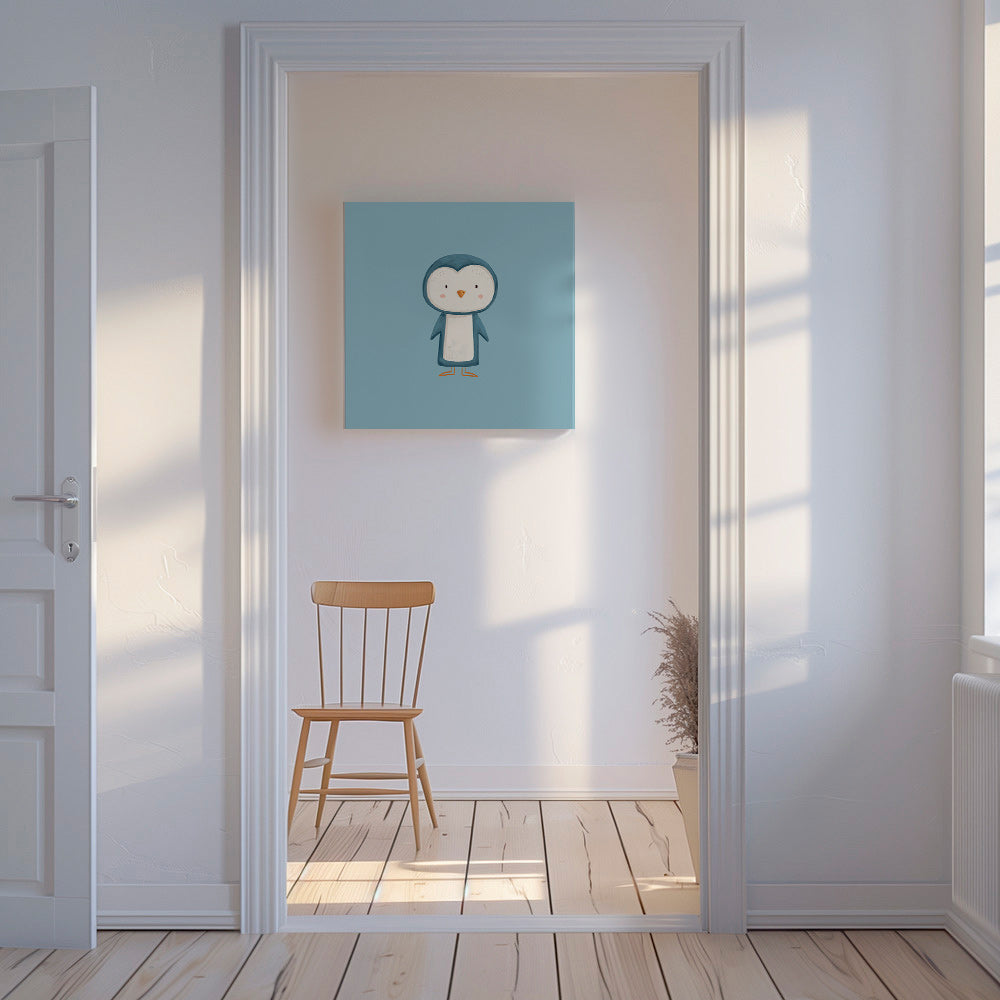 Quadro pinguim ilustrado em fundo azul