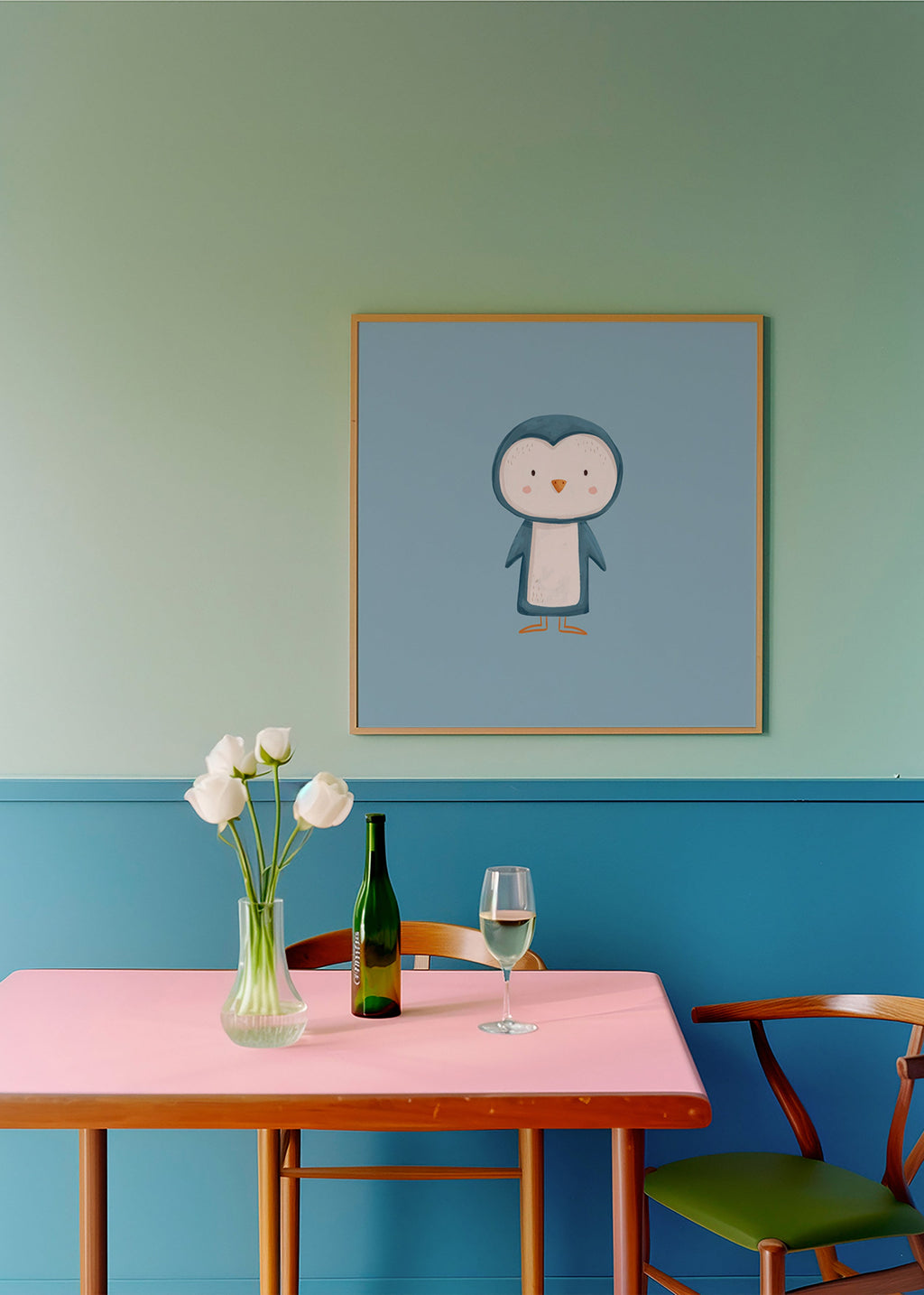 Quadro pinguim ilustrado em fundo azul