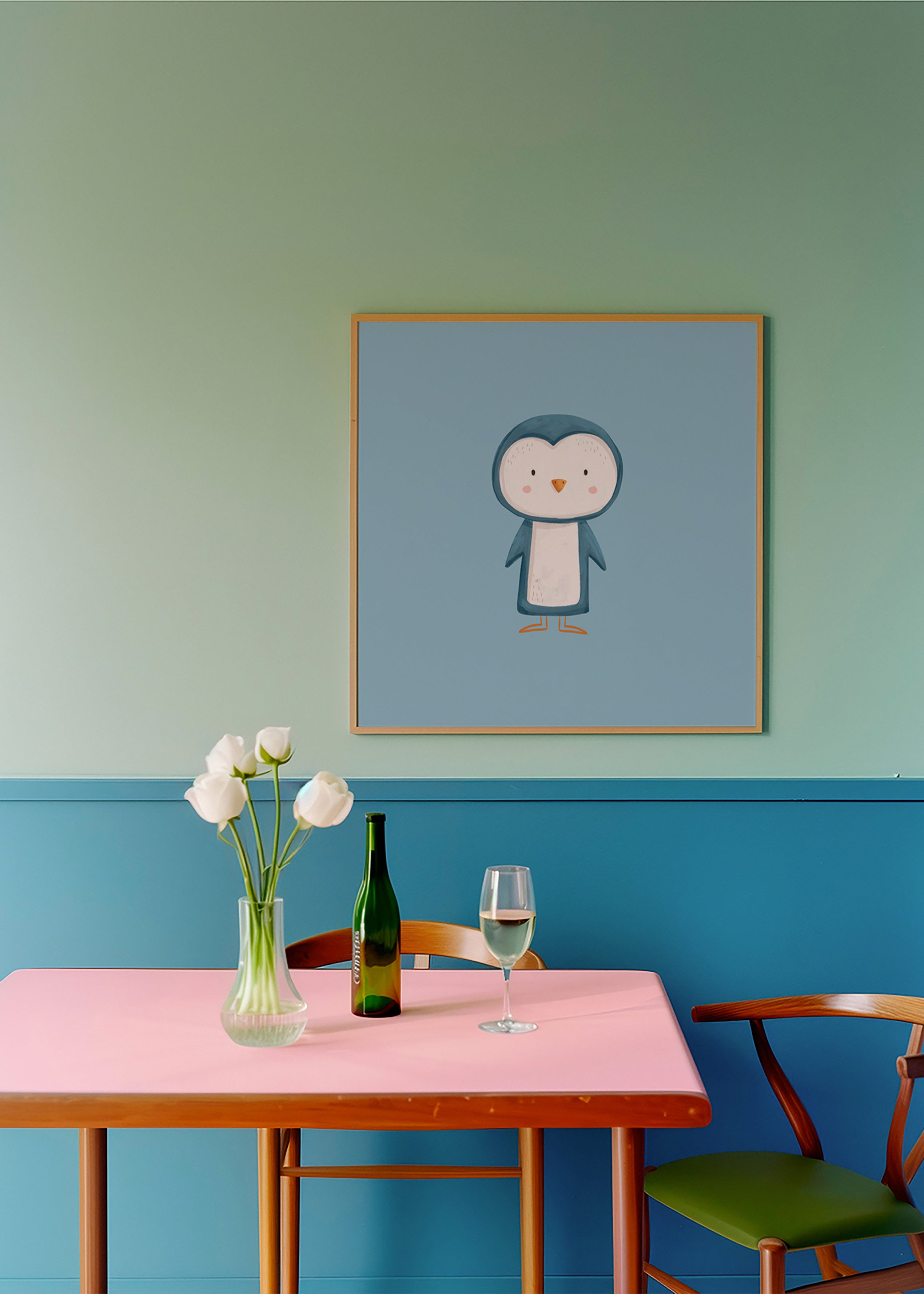Quadro pinguim ilustrado em fundo azul