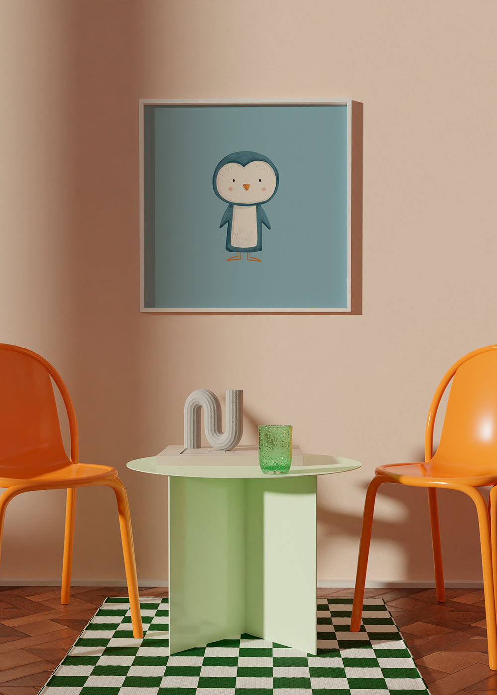 Quadro pinguim ilustrado em fundo azul