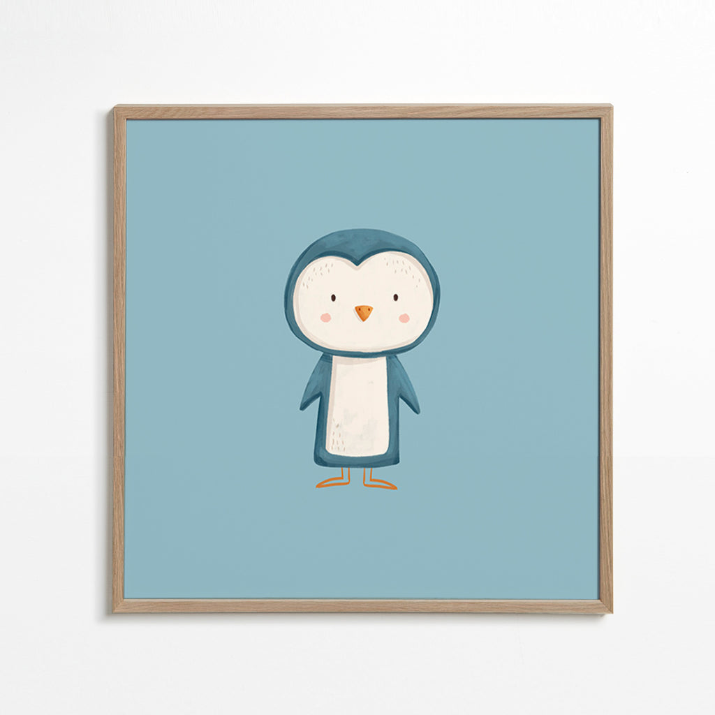 Quadro pinguim ilustrado em fundo azul