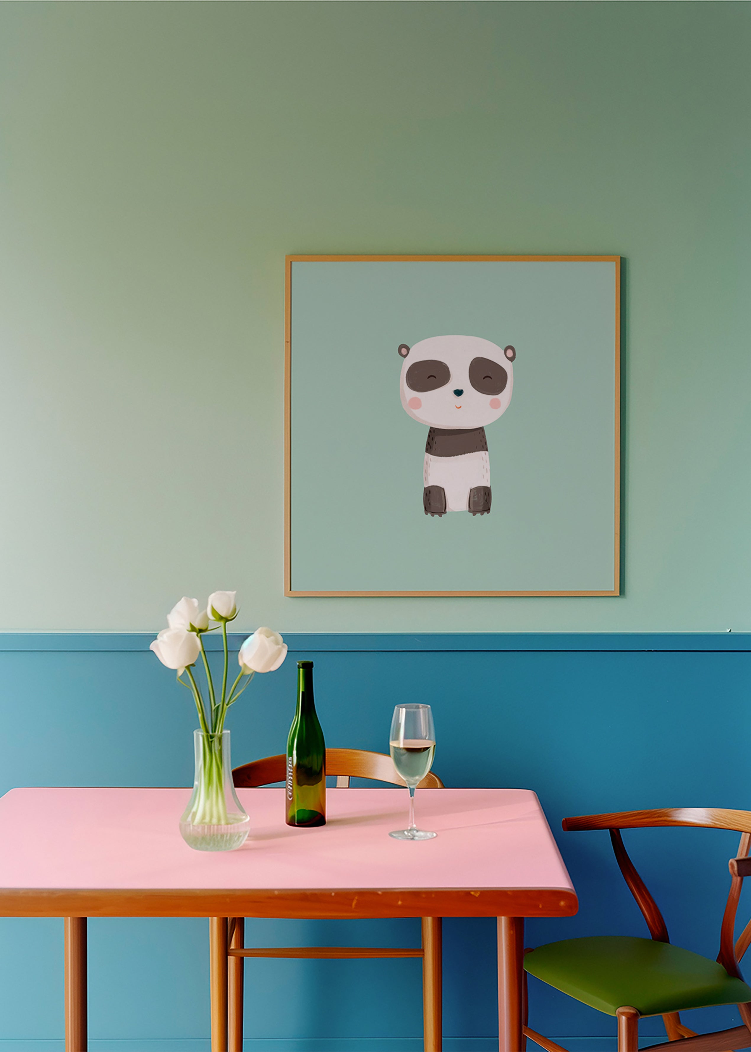 Lamina infantil de panda sorridente em fundo menta