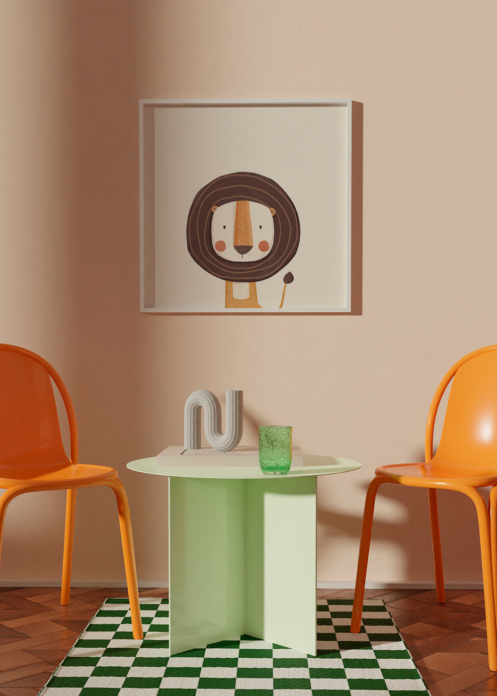Lâmina infantil com leão sorridente e estilo minimalista