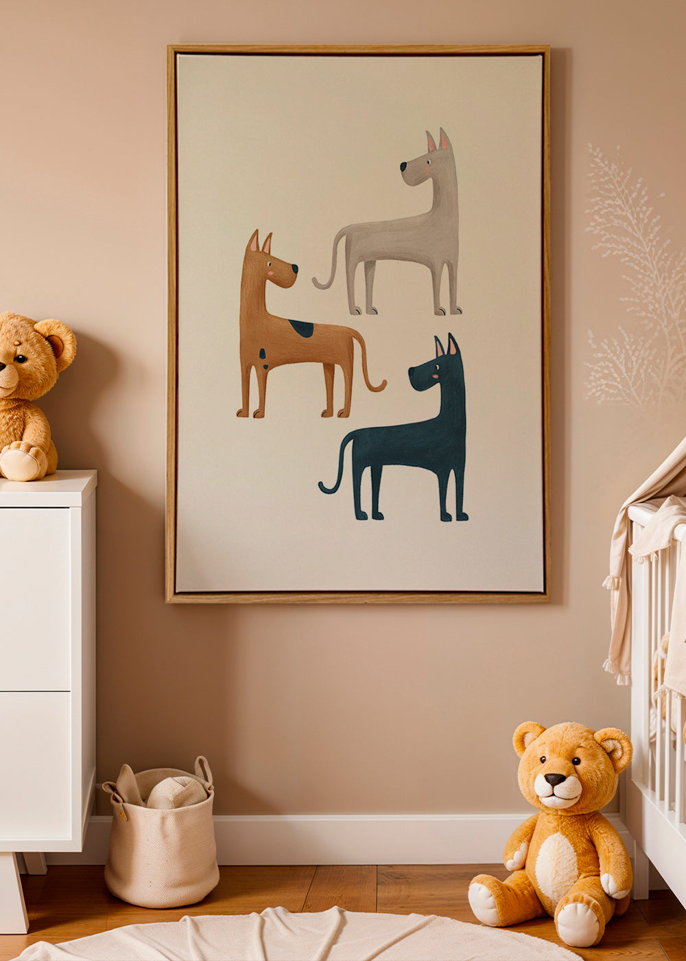 Quadro com três cães ilustrados
