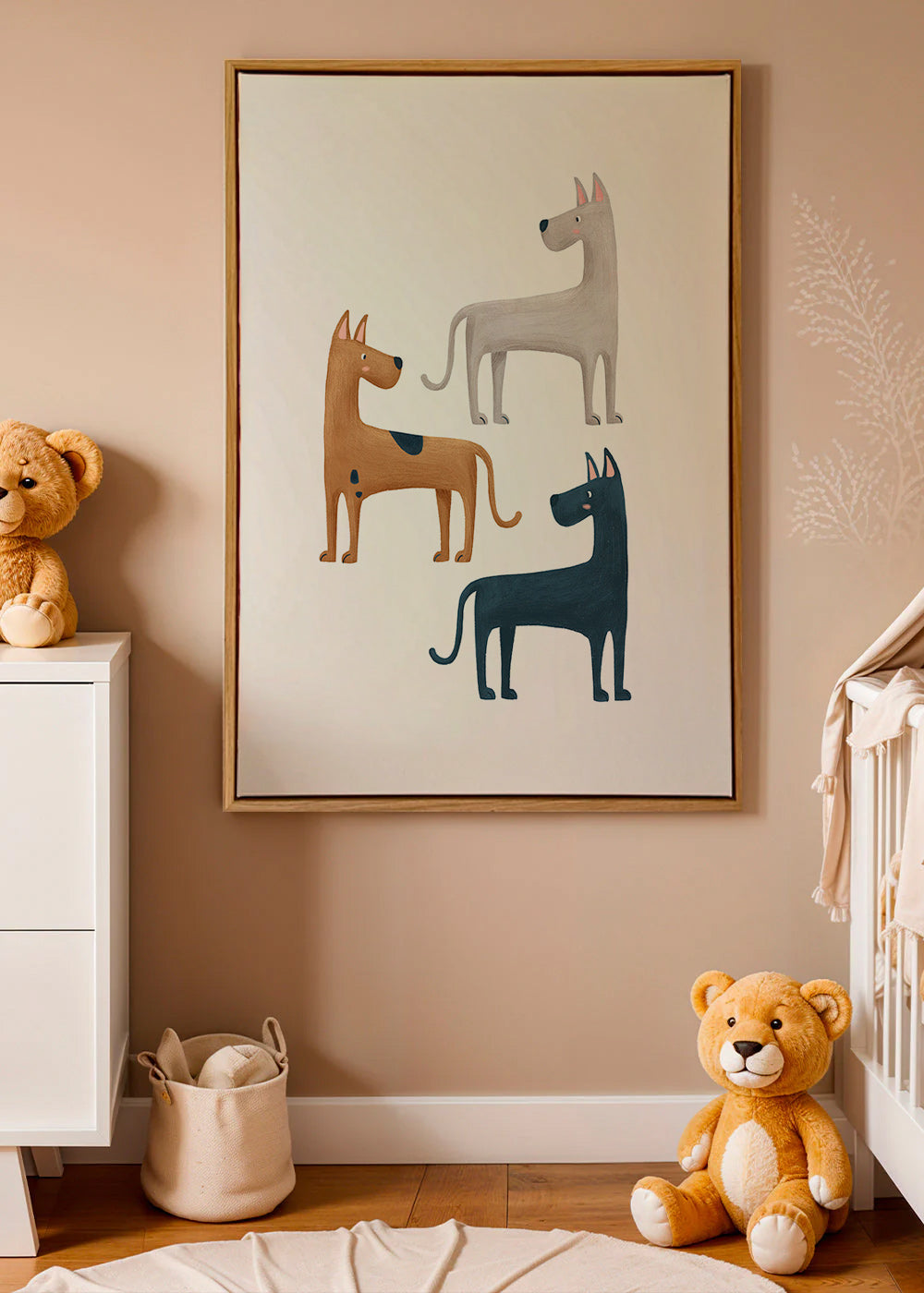 Quadro com três cães ilustrados