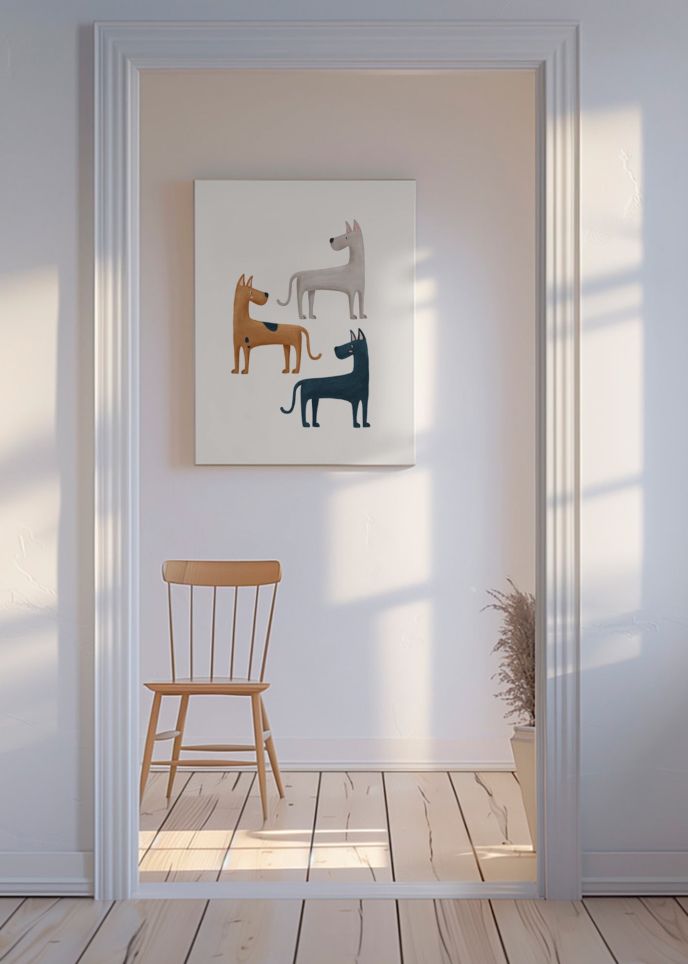 Quadro com três cães ilustrados