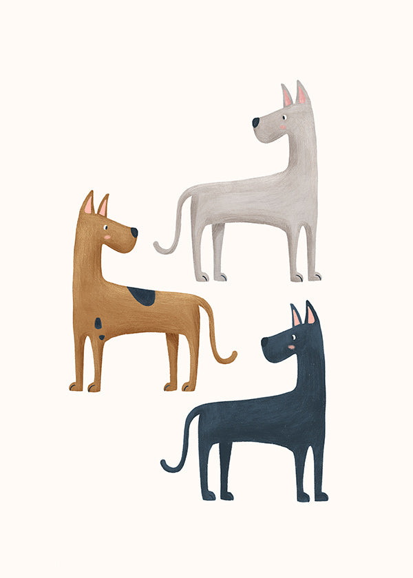 Quadro com três cães ilustrados