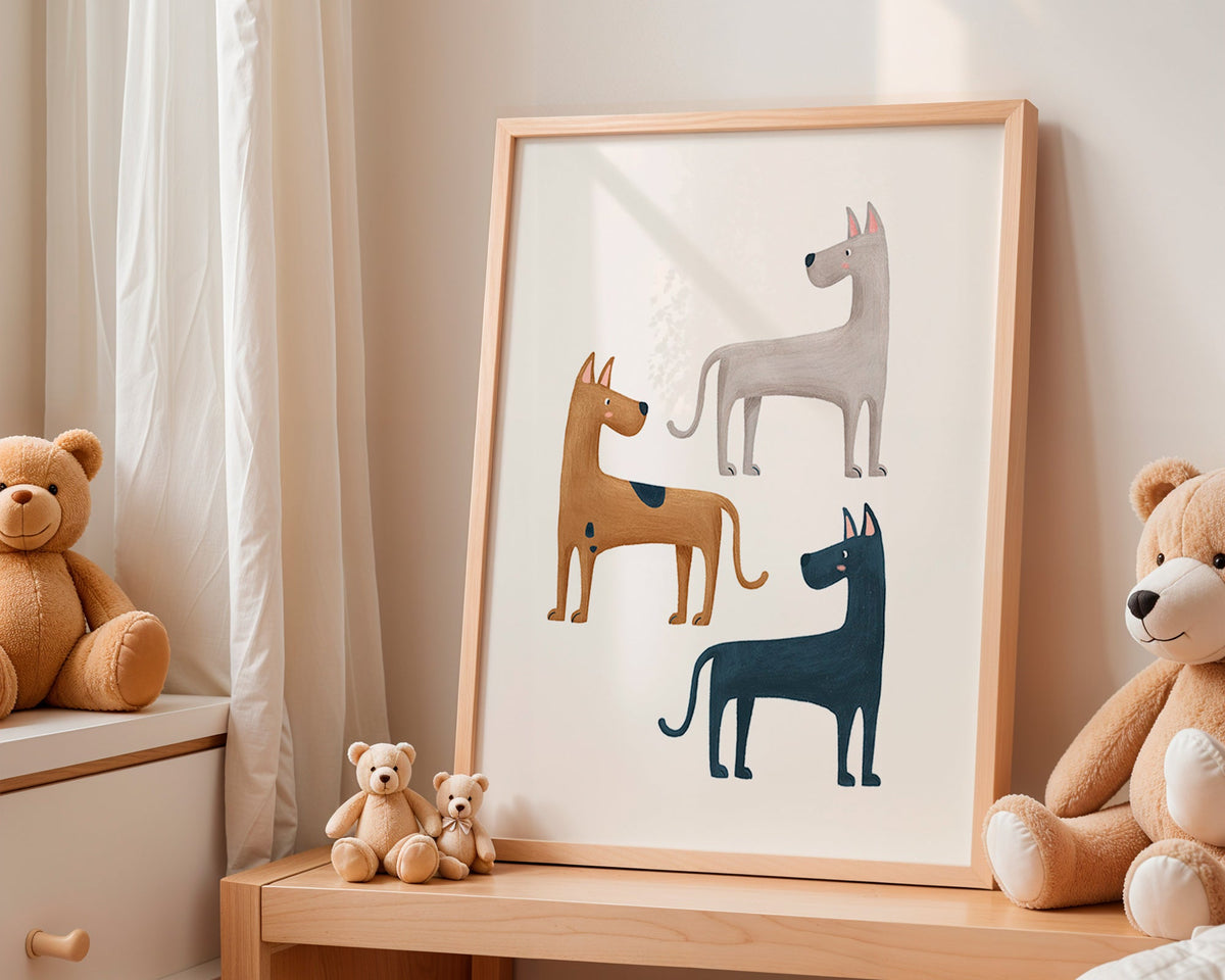Quadro com três cães ilustrados