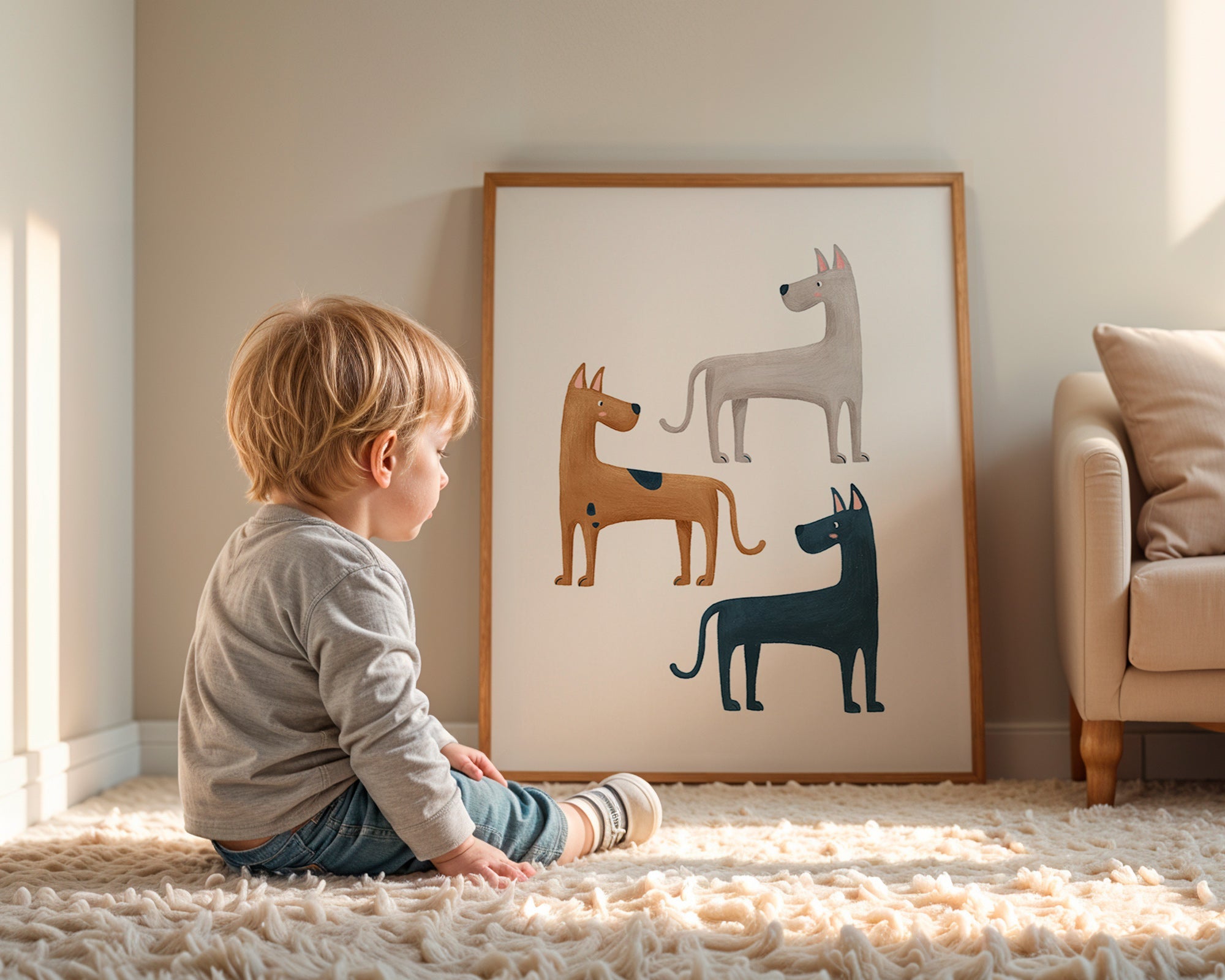 Quadro com três cães ilustrados