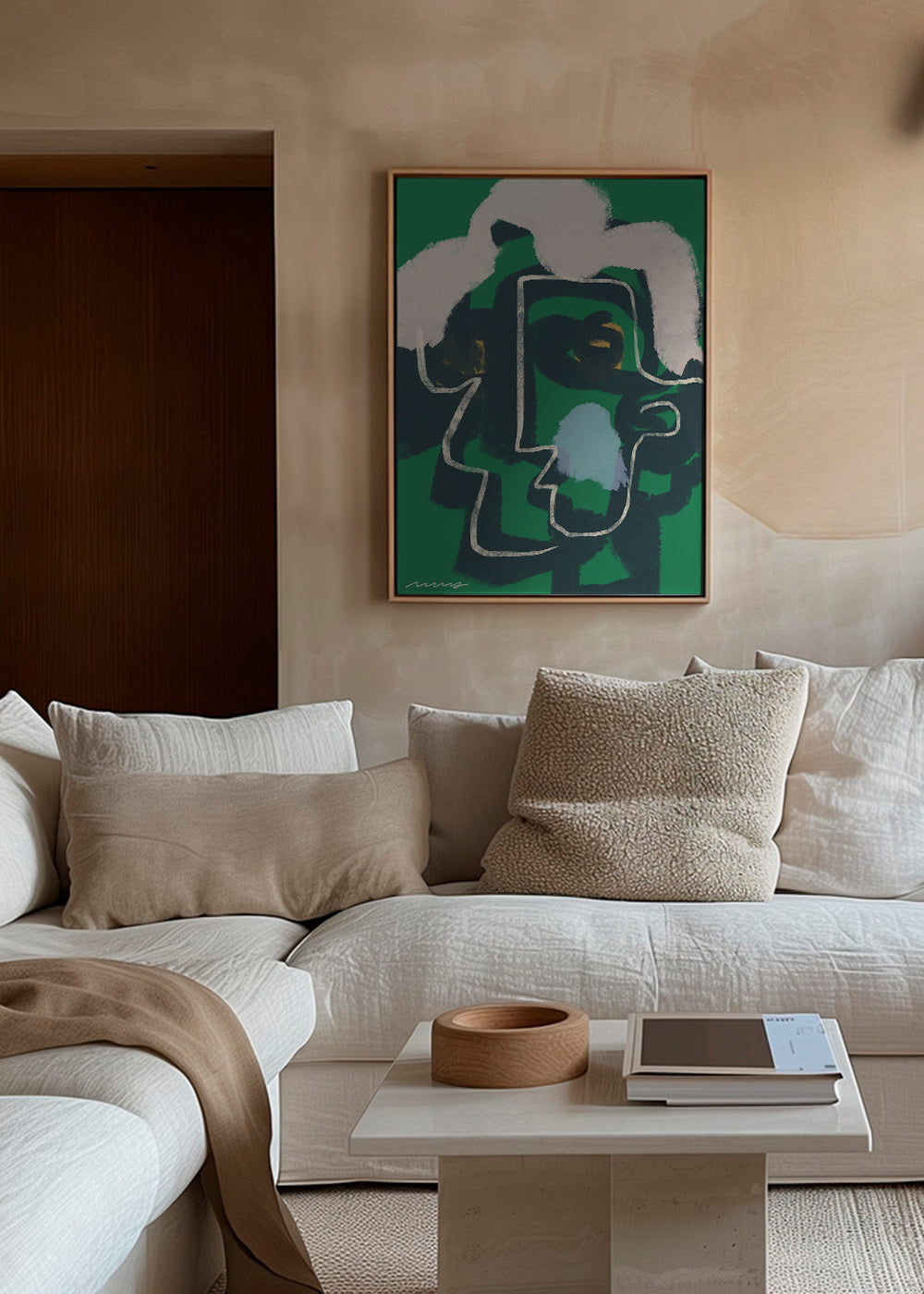 Quadro abstrato rosto linha contínua em verde